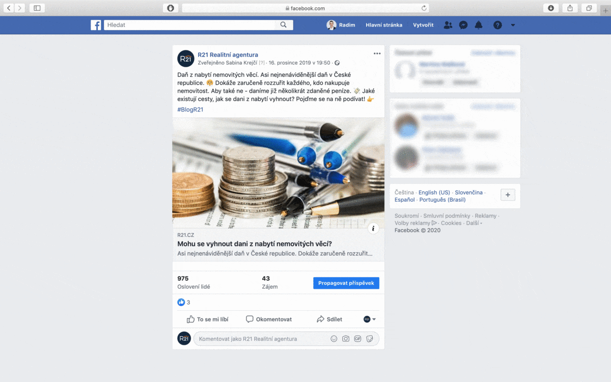 Sponzorovaný příspěvek na Facebooku - realitní marketing